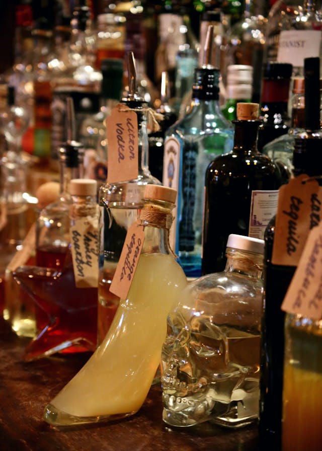 Close up of liquor bottles